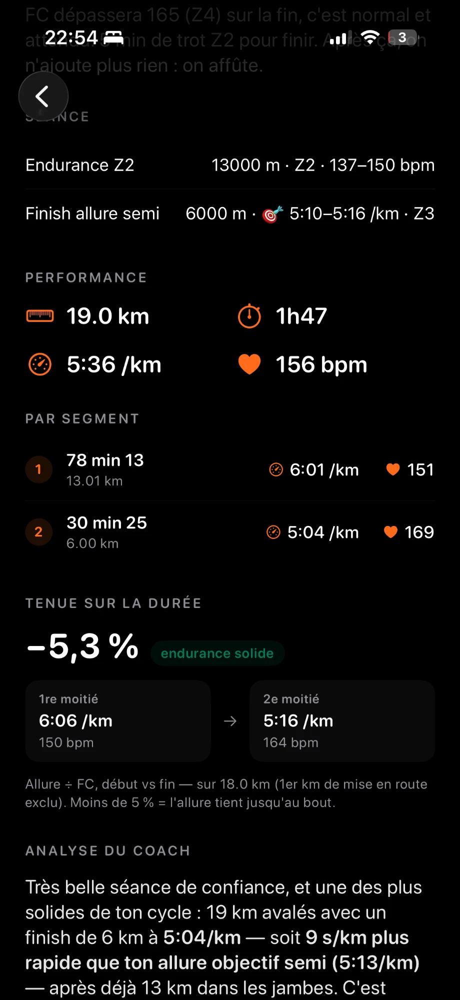 Détail d'une sortie longue : performance par segment, tenue sur la durée et analyse du coach