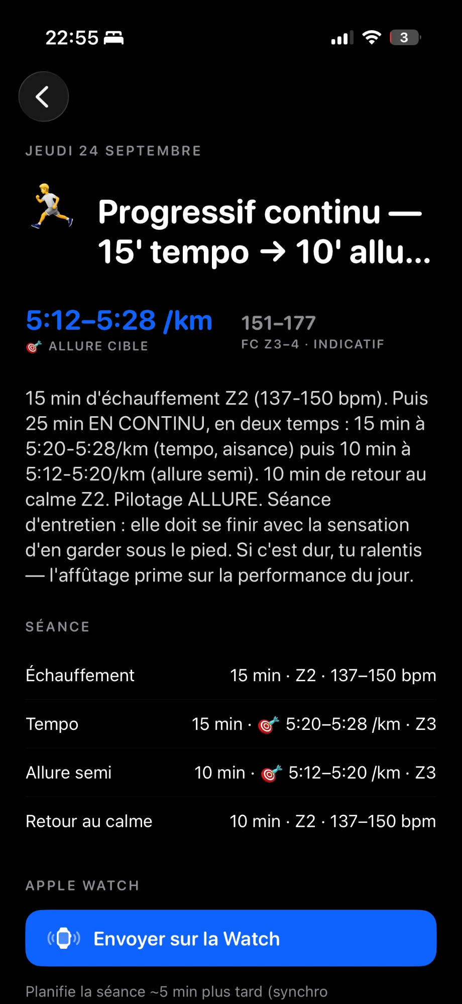 Séance structurée bloc par bloc, prête à être envoyée sur l'Apple Watch